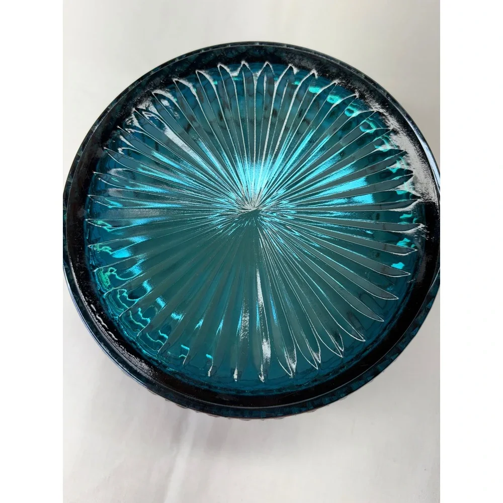 VTG Indiana Glass Iridescent Peacock Blue Carnival Glass Candy Dish w/ Lid 5.5